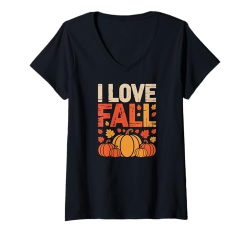 Damen I Love Herbst Herbst Blätter Kürbisse T-Shirt mit V-Ausschnitt von Autumn Harvest Season Pumpkin Decor