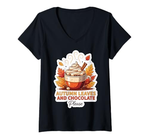 Damen Herbstblätter und Schokolade gefallen Herbstliebhabern heißer Kakao T-Shirt mit V-Ausschnitt von Autumn Leaves And Chocolate Please Fall Products