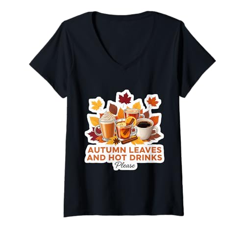 Damen Herbstblätter und heiße Getränke Bitte Fall Lover Kakaotee T-Shirt mit V-Ausschnitt Damen Herbstblätter und heiße Getränke Bitte Fall Lover Kakaotee T-Shirt mit V-Ausschnitt von Autumn Leaves And Hot Drinks Please Fall Products
