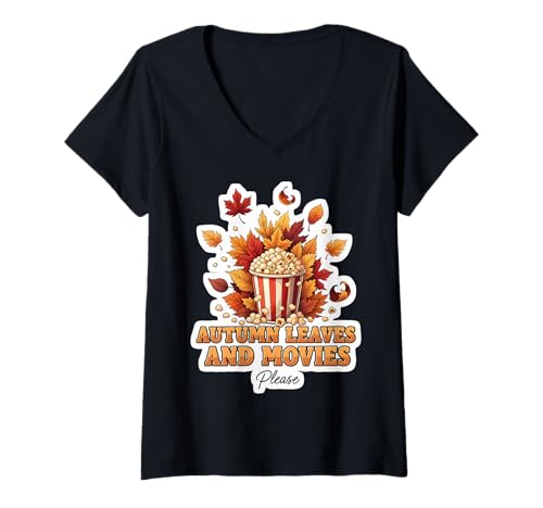 Damen Herbstblätter und Filme Bitte Fall Movie Night Lover Film T-Shirt mit V-Ausschnitt von Autumn Leaves And Movies Please Fall Products