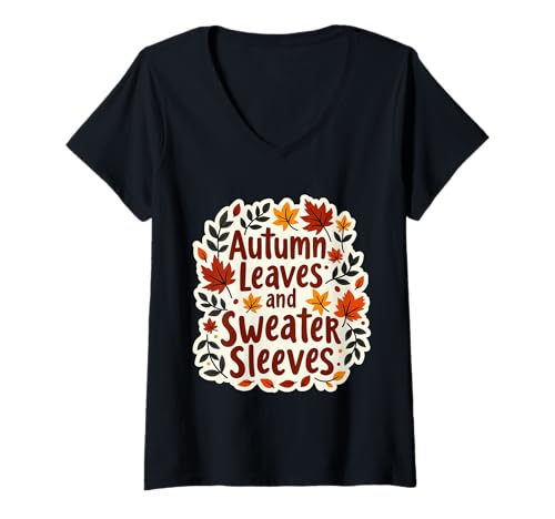 Damen Herbstblätter und Pulloverärmel Herbstliebhaber Kürbis Damen T-Shirt mit V-Ausschnitt Damen Herbstblätter und Pulloverärmel Herbstliebhaber Kürbis Damen T-Shirt mit V-Ausschnitt von Autumn Leaves And Sweater Sleeves Fall Products