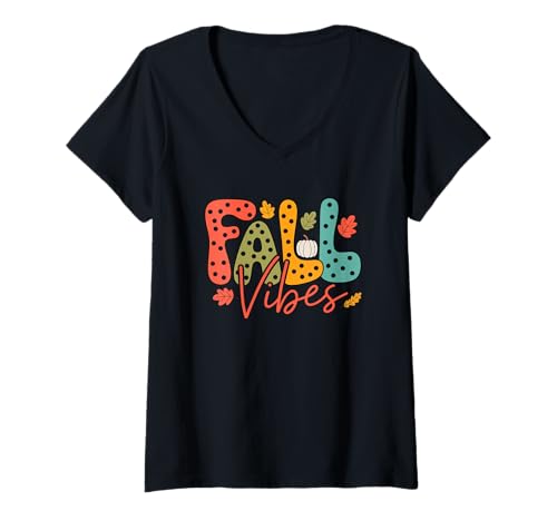 Damen Herbst Vibes Kürbisblätter saisonale Wärme T-Shirt mit V-Ausschnitt von Autumn Leaves Cozy Comfort Seasonal Fun