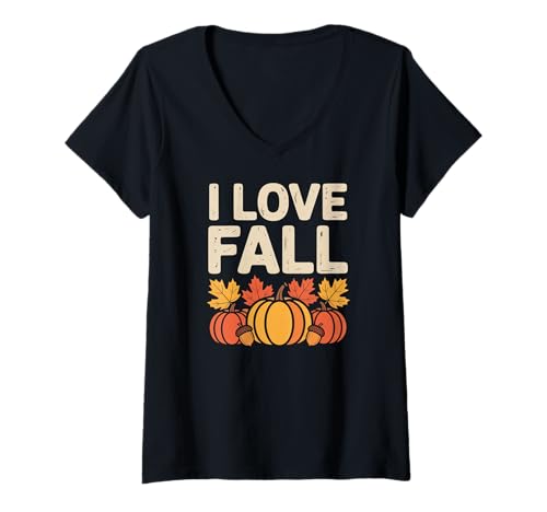 Damen I Love Herbst Kürbis Eichelblätter T-Shirt mit V-Ausschnitt Damen I Love Herbst Kürbis Eichelblätter T-Shirt mit V-Ausschnitt von Autumn Leaves Harvest Pumpkin Vibes