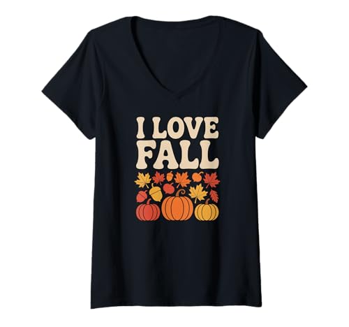 Damen I Love Herbst Herbst Blätter Kürbisse T-Shirt mit V-Ausschnitt Damen I Love Herbst Herbst Blätter Kürbisse T-Shirt mit V-Ausschnitt von Autumn Leaves Pumpkin Acorn Cozy Vibes