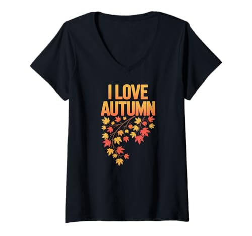 Damen Ich Liebe Herbst-Blattmuster, saisonale Vibes T-Shirt mit V-Ausschnitt Damen Ich Liebe Herbst-Blattmuster, saisonale Vibes T-Shirt mit V-Ausschnitt von Autumn Leaves Seasonal Fall Style