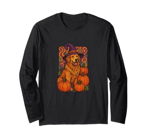 Golden Retriever Halloween Hexe Kürbis Patch Magic Langarmshirt von Autumn Moon Paws