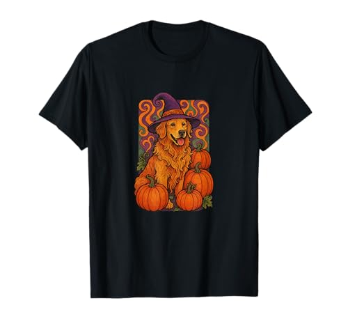 Golden Retriever Halloween Hexe Kürbis Patch Magic T-Shirt von Autumn Moon Paws