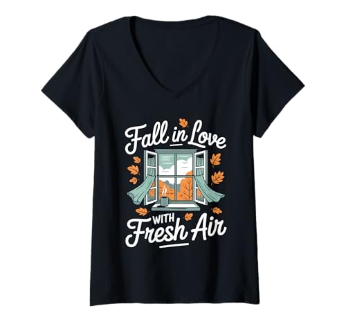 Damen Fall In Love with Fresh Air Autumn Window Leaves T-Shirt mit V-Ausschnitt Damen Fall In Love with Fresh Air Autumn Window Leaves T-Shirt mit V-Ausschnitt von Autumn Nature Cozy Breeze Open Window Vibes