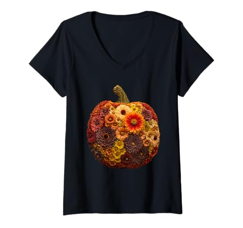 Damen Bunte Kürbis-Herbstblumen, Blumenkunst, Herbst, ästhetisch T-Shirt mit V-Ausschnitt von Autumn Pumpkin Art Apparel