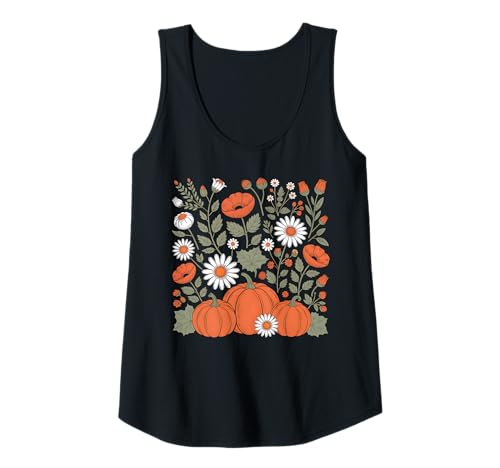 Damen Herbst Kürbisse Gänseblümchen Blumen Süß Herbst Botanische Frauen Tank Top von Autumn Pumpkin Floral Fall Thanksgiving Shirts