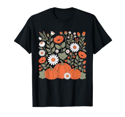 Herbst Kürbisse Gänseblümchen Blumen Süß Herbst Botanische Frauen T-Shirt von Autumn Pumpkin Floral Fall Thanksgiving Shirts