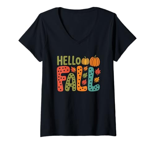 Damen Hallo Herbst, Kürbisblätter, Herbststimmung T-Shirt mit V-Ausschnitt Damen Hallo Herbst, Kürbisblätter, Herbststimmung T-Shirt mit V-Ausschnitt von Autumn Pumpkin Leaves Seasonal Welcome