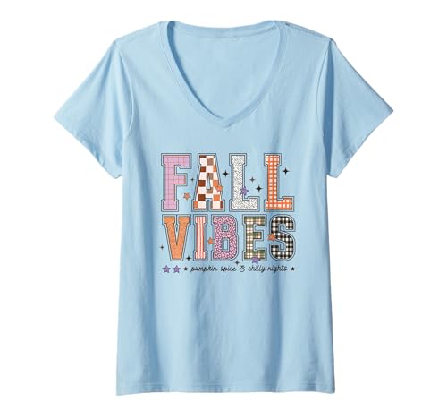 Damen Fall Vibes Shirt Kürbis Gewürz Herbst Outfit Thanksgiving T-Shirt mit V-Ausschnitt von Autumn Pumpkin Spice Cozy Plaid Leopard Retro Tees