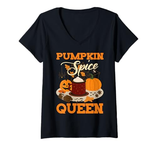 Damen Kürbis Gewürzkönigin Halloween Herbstsaison T-Shirt mit V-Ausschnitt von Autumn Pumpkin Spice Royalty Vibes Collective