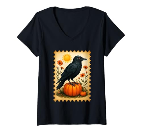 Damen Rabe auf Kürbis unter Sonne mit Blumen T-Shirt mit V-Ausschnitt Damen Rabe auf Kürbis unter Sonne mit Blumen T-Shirt mit V-Ausschnitt von Autumn Raven Pumpkin Sunflower Beauty