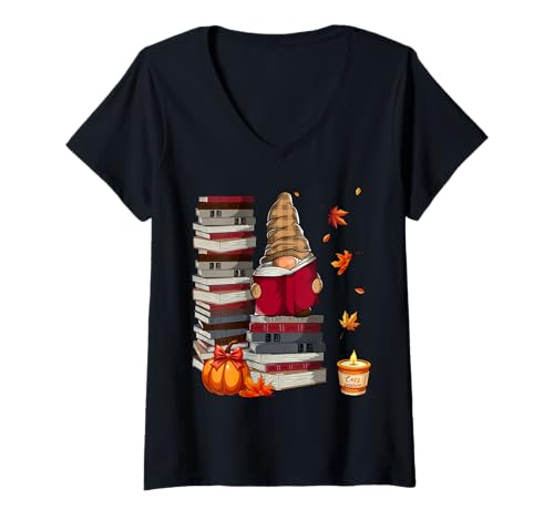 Damen Herbst Zwerg Lesebuch Herbst Kürbisblätter T-Shirt mit V-Ausschnitt von Autumn Readers for Women Youth Men