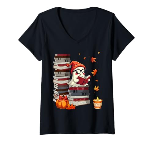 Damen Niedliches Geister-Lesebuch Halloween Retro Gruselige Bibliothekarin T-Shirt mit V-Ausschnitt Damen Niedliches Geister-Lesebuch Halloween Retro Gruselige Bibliothekarin T-Shirt mit V-Ausschnitt von Autumn Readers for Women Youth Men