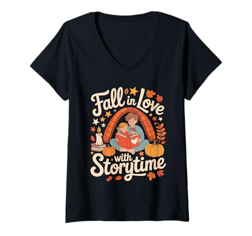 Damen Fall In Love with Storytime Autumn Family Reading T-Shirt mit V-Ausschnitt Damen Fall In Love with Storytime Autumn Family Reading T-Shirt mit V-Ausschnitt von Autumn Reading Family Literacy Book Club