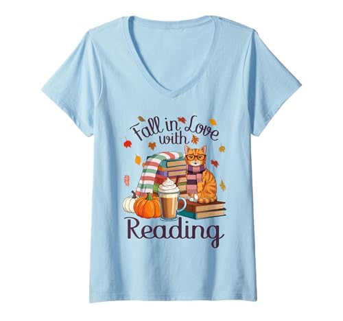 Damen Lustiger Herbstbuchliebhaber zum Verlieben in Reading Tabby Cat T-Shirt mit V-Ausschnitt Damen Lustiger Herbstbuchliebhaber zum Verlieben in Reading Tabby Cat T-Shirt mit V-Ausschnitt von Autumn Reading Vibes Cozy Aesthetic