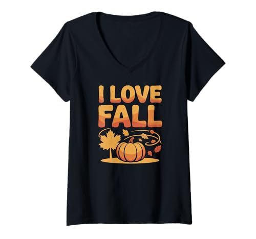 Damen I Love Herbst Kürbisblätter Herbst T-Shirt mit V-Ausschnitt Damen I Love Herbst Kürbisblätter Herbst T-Shirt mit V-Ausschnitt von Autumn Season Pumpkin Leaves Fall