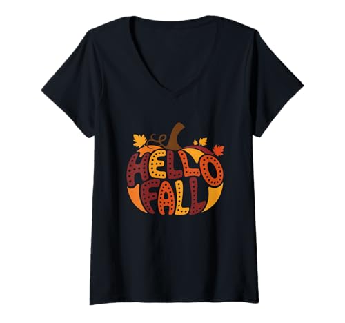 Damen Hello Fall Kürbis Herbstblätter Design T-Shirt mit V-Ausschnitt Damen Hello Fall Kürbis Herbstblätter Design T-Shirt mit V-Ausschnitt von Autumn Seasonal Pumpkin Festive Leaves