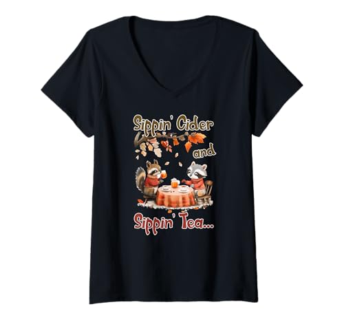 Damen Sippin Cider and Sippin Tea T-Shirt mit V-Ausschnitt Damen Sippin Cider and Sippin Tea T-Shirt mit V-Ausschnitt von Autumn Sippin Cider Tea Phrase Harvest Festival