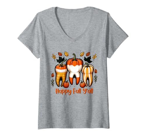Damen Happy Fall Y'all Kürbiszähne Design T-Shirt mit V-Ausschnitt Damen Happy Fall Y'all Kürbiszähne Design T-Shirt mit V-Ausschnitt von Autumn Smiles Apparel
