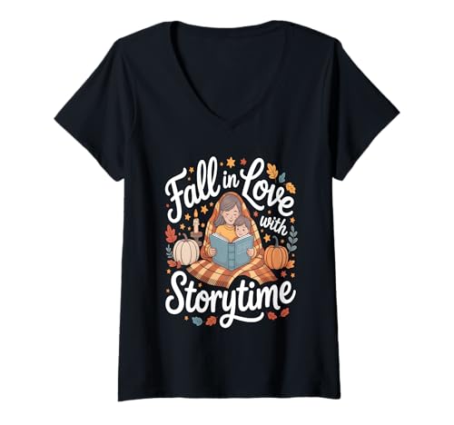 Damen Fall In Love with Storytime Autumn Reading Cozy T-Shirt mit V-Ausschnitt Damen Fall In Love with Storytime Autumn Reading Cozy T-Shirt mit V-Ausschnitt von Autumn Storytime Reading Family Cozy Fall