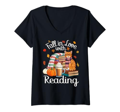 Damen Herbst Lesebuch Tabby Katze Herbst Bibliothekar Lehrer T-Shirt mit V-Ausschnitt Damen Herbst Lesebuch Tabby Katze Herbst Bibliothekar Lehrer T-Shirt mit V-Ausschnitt von Autumn Tabby Cat Fall Book Lovers