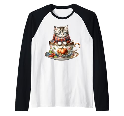 Autumn Kitten Fall Coffee Graphic for Women and Cat Lover Raglan von Autumn Tea Cup Fall Kitten Gifts For Coffee Lovers