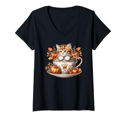 Damen Aesthetic Cat Stuff for Autumn Thanksgiving Cute Kitten Fall T-Shirt mit V-Ausschnitt von Autumn Tea Cup Fall Kitten Gifts For Coffee Lovers