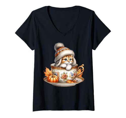 Damen Aesthetic Fall Cat In Pumpkin Spice Coffee Mug for Autumn T-Shirt mit V-Ausschnitt Damen Aesthetic Fall Cat In Pumpkin Spice Coffee Mug for Autumn T-Shirt mit V-Ausschnitt von Autumn Tea Cup Fall Kitten Gifts For Coffee Lovers