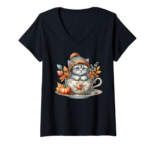 Damen Autumn Coffee Fall Themed Graphic for Cat Lady Cute Kitten T-Shirt mit V-Ausschnitt von Autumn Tea Cup Fall Kitten Gifts For Coffee Lovers