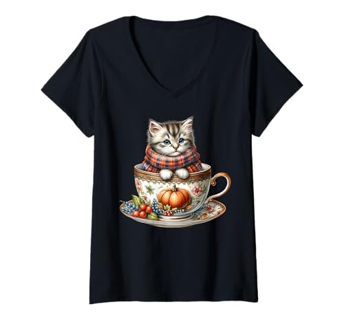 Damen Autumn Kitten Fall Coffee Graphic for Women and Cat Lover T-Shirt mit V-Ausschnitt Damen Autumn Kitten Fall Coffee Graphic for Women and Cat Lover T-Shirt mit V-Ausschnitt von Autumn Tea Cup Fall Kitten Gifts For Coffee Lovers
