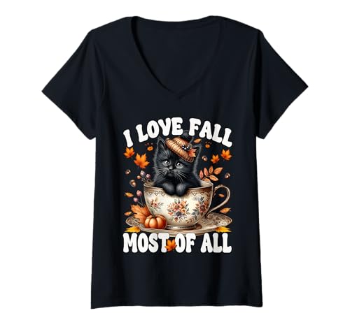 Damen Black Cat Autumn Vibes for Cat Mom I Love Fall Most of All T-Shirt mit V-Ausschnitt Damen Black Cat Autumn Vibes for Cat Mom I Love Fall Most of All T-Shirt mit V-Ausschnitt von Autumn Tea Cup Fall Kitten Gifts For Coffee Lovers