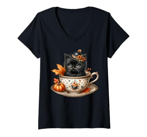 Damen Black Cat Graphic for Cat Mom and Cat Dad Cute Kitten Fall T-Shirt mit V-Ausschnitt von Autumn Tea Cup Fall Kitten Gifts For Coffee Lovers
