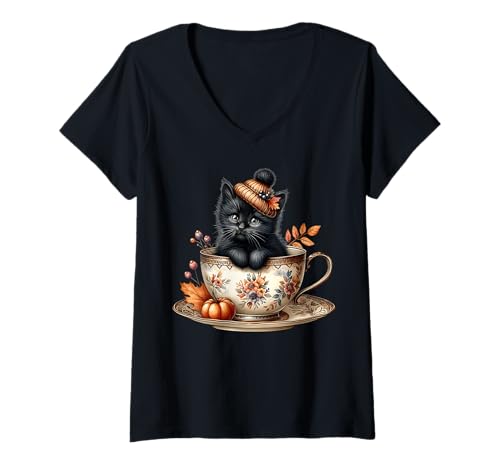 Damen Black Cat Kitten In Floral Coffee Mug Cute Autumn Vibes T-Shirt mit V-Ausschnitt von Autumn Tea Cup Fall Kitten Gifts For Coffee Lovers