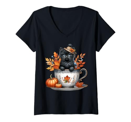 Damen Black Cat for Fall Lover Cat Mom Autumn Season Cute Kitten T-Shirt mit V-Ausschnitt von Autumn Tea Cup Fall Kitten Gifts For Coffee Lovers