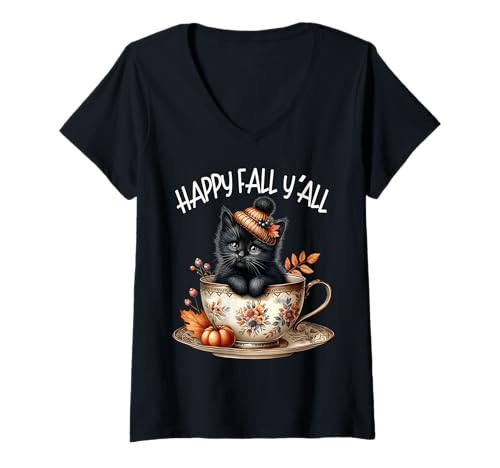 Damen Cats and Coffee Fall Themed Kitten Graphic Happy Fall Yall T-Shirt mit V-Ausschnitt von Autumn Tea Cup Fall Kitten Gifts For Coffee Lovers