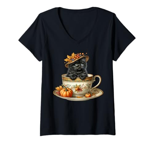 Damen Coffee Fall Cat Themed Graphic for Tea Drinker Cute Autumn T-Shirt mit V-Ausschnitt Damen Coffee Fall Cat Themed Graphic for Tea Drinker Cute Autumn T-Shirt mit V-Ausschnitt von Autumn Tea Cup Fall Kitten Gifts For Coffee Lovers