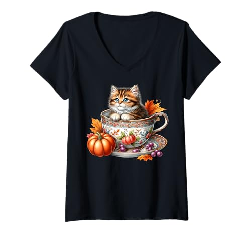 Damen Coffee Fall Kitten for Pumpkin Spice Season Cute Autumn Cat T-Shirt mit V-Ausschnitt von Autumn Tea Cup Fall Kitten Gifts For Coffee Lovers