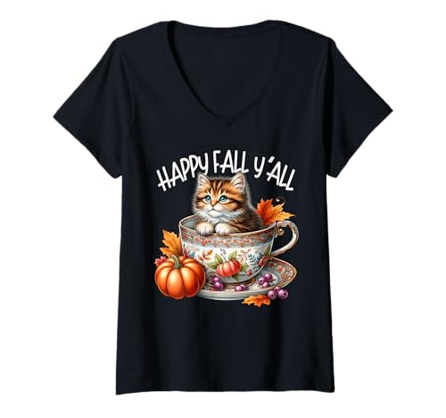 Damen Coffee Fall Themed Kitten for Cat Grandma Happy Fall Yall T-Shirt mit V-Ausschnitt Damen Coffee Fall Themed Kitten for Cat Grandma Happy Fall Yall T-Shirt mit V-Ausschnitt von Autumn Tea Cup Fall Kitten Gifts For Coffee Lovers