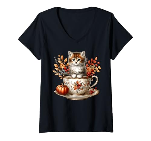 Damen Cute Autumn Kitten In Floral Tea Mug for Cat Mom and Fall T-Shirt mit V-Ausschnitt von Autumn Tea Cup Fall Kitten Gifts For Coffee Lovers