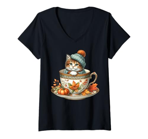 Damen Cute Fall Graphic for Kitten Lover and Cat Mom Autumn Tea T-Shirt mit V-Ausschnitt von Autumn Tea Cup Fall Kitten Gifts For Coffee Lovers