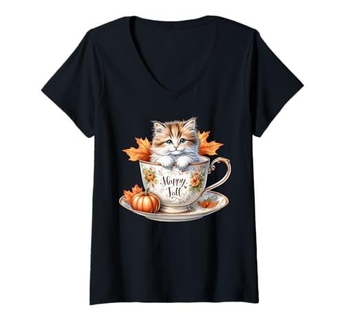 Damen Cute Kitten Fall Graphic Happy Fall Coffee Mug for Cat Lover T-Shirt mit V-Ausschnitt von Autumn Tea Cup Fall Kitten Gifts For Coffee Lovers