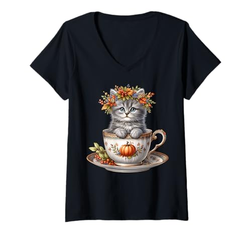 Damen Cute Kitten In A Autumn Tea Cup for Fall and Coffee Lover T-Shirt mit V-Ausschnitt Damen Cute Kitten In A Autumn Tea Cup for Fall and Coffee Lover T-Shirt mit V-Ausschnitt von Autumn Tea Cup Fall Kitten Gifts For Coffee Lovers