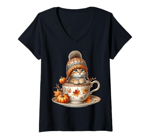 Damen Cute Kitten In Fall Hot Tea Cup Autumn Vibes for Cat Mom T-Shirt mit V-Ausschnitt von Autumn Tea Cup Fall Kitten Gifts For Coffee Lovers