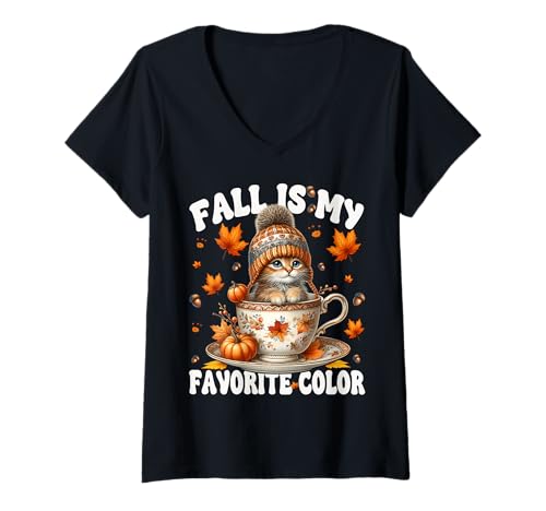 Damen Fall Cat Graphic for Kitten Lover Fall is My Favorite Color T-Shirt mit V-Ausschnitt von Autumn Tea Cup Fall Kitten Gifts For Coffee Lovers