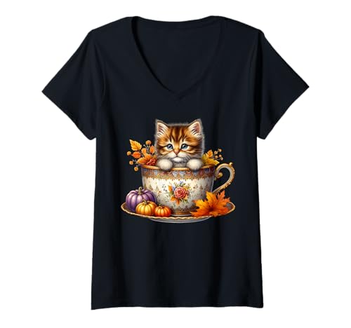 Damen Fall Hot Tea Graphic for Kitten Lover Cute Autumn Coffee Cat T-Shirt mit V-Ausschnitt von Autumn Tea Cup Fall Kitten Gifts For Coffee Lovers