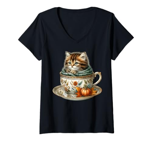 Damen Fall Kitten In Floral Coffee Mug Knitted Scarf Cute Cat T-Shirt mit V-Ausschnitt von Autumn Tea Cup Fall Kitten Gifts For Coffee Lovers